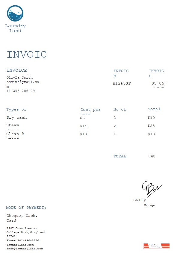 Free Laundry Invoice Template PSD template